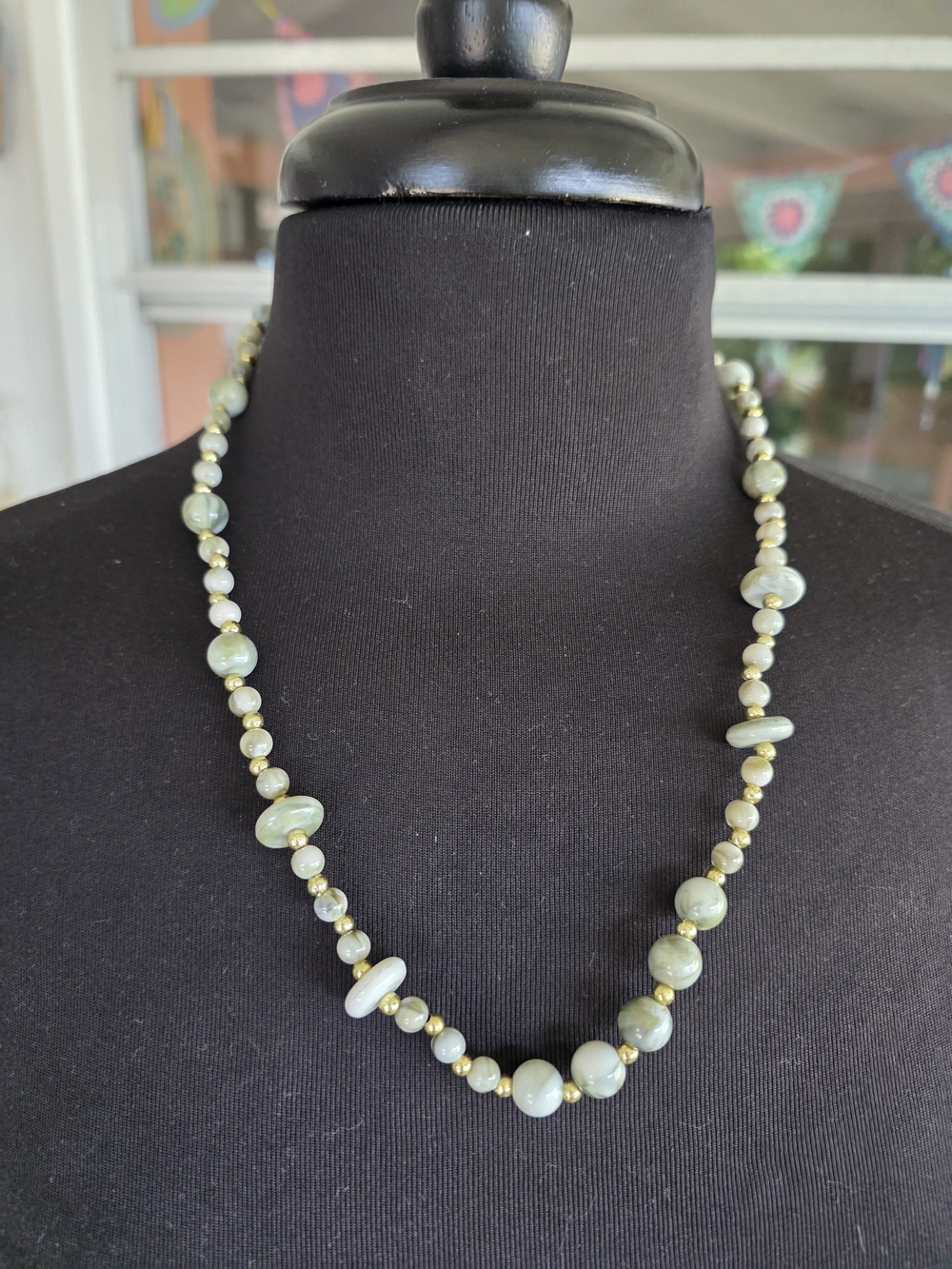 Vintage Olive Green Beaded Necklace with Gold Accents 70s Boho Chic Summer Vibes